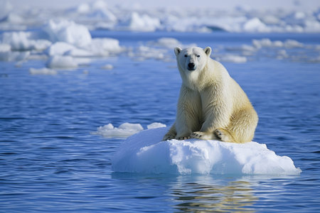 Global warming's impact. Polar bear on a lone ice floe in a tropical sea, bewilderedの素材