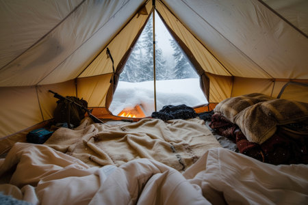 Warm and inviting tent interior during stormy weatherの素材