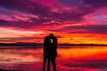 A couple's silhouette against the backdrop of a fiery sunsetの素材