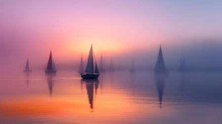 A ballet of boats drift as the sun dips below the horizonの素材