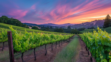 The last light of day gently envelops a serene vineyard landscapeの素材