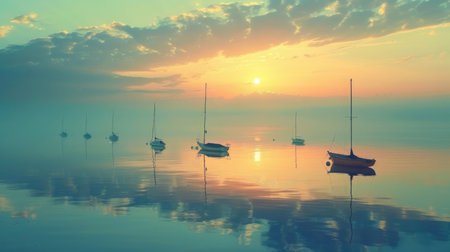 A ballet of boats drift as the sun dips below the horizonの素材