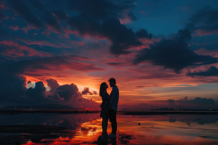 A couple's silhouette against the backdrop of a fiery sunsetの素材