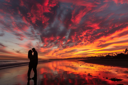 A couple's silhouette against the backdrop of a fiery sunsetの素材