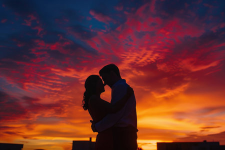 A couple's silhouette against the backdrop of a fiery sunsetの素材