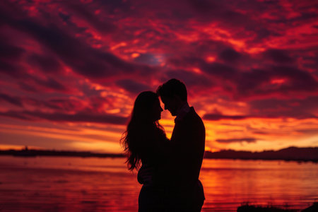 A couple's silhouette against the backdrop of a fiery sunsetの素材