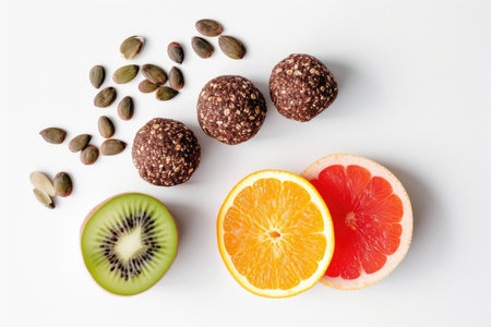Energy balls and fruit slices presented in a minimalist styleの素材