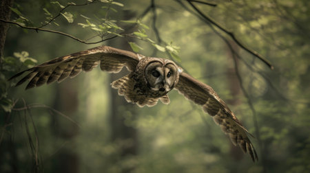 An owl in agile flight through dense woodlandの素材