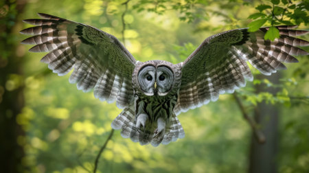 An owl in agile flight through dense woodlandの素材