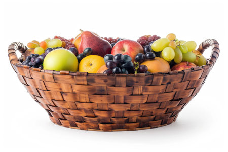 A wooden woven basket with fruits and berries, isolated on whiteの素材