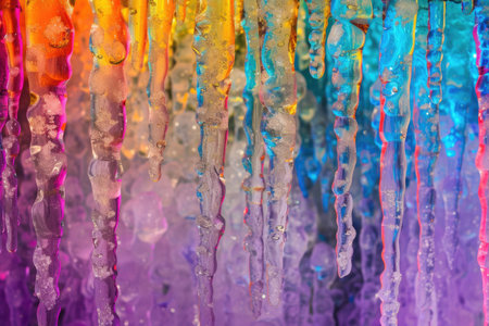 Vivid ice stalactites captured in a row, a spectacle of frozen colorsの素材