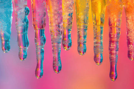 Vivid ice stalactites captured in a row, a spectacle of frozen colorsの素材