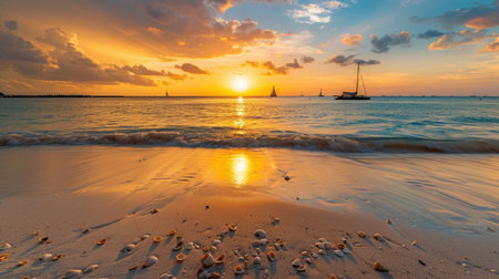 The sun kisses the ocean goodbye, casting a golden blanket over the beachの素材