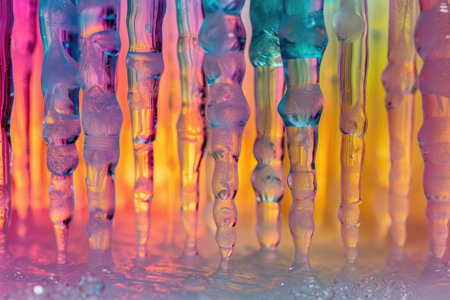 Vivid ice stalactites captured in a row, a spectacle of frozen colorsの素材