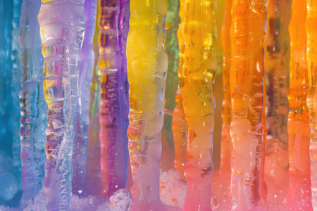 Vivid ice stalactites captured in a row, a spectacle of frozen colorsの素材