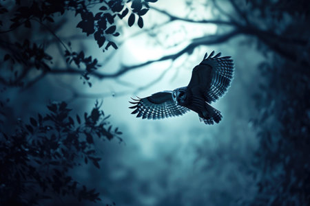 An owl swoops silently under the moonlit skyの素材