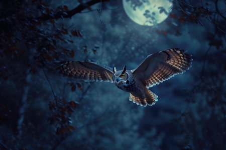 An owl swoops silently under the moonlit skyの素材