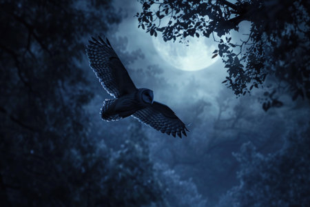 An owl swoops silently under the moonlit skyの素材