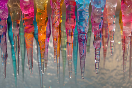 Vivid ice stalactites captured in a row, a spectacle of frozen colorsの素材
