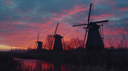 Mills and sunset viewの素材