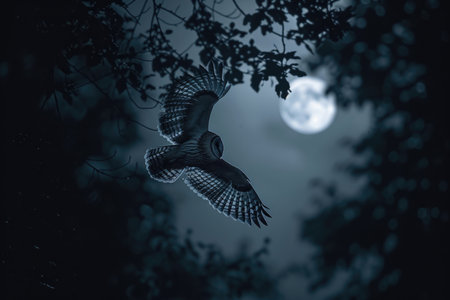 An owl swoops silently under the moonlit skyの素材