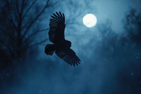 An owl swoops silently under the moonlit skyの素材