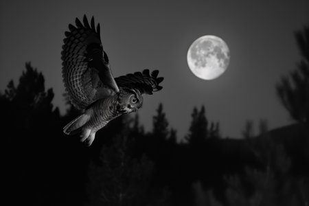 An owl swoops silently under the moonlit skyの素材