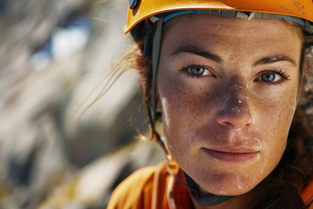 Close-up faces of mountaineers against rocky backdropの素材