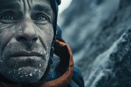 Close-up faces of mountaineers against rocky backdropの素材