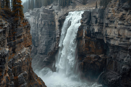 Majestic waterfall cascading down rocky cliffsの素材