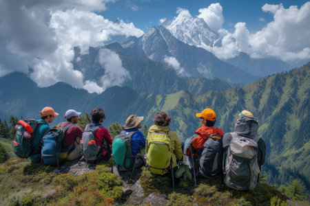 Hiking group enjoying mountain viewsの素材