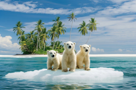 Polar bear cubs on a drifting ice floe in tropical watersの素材