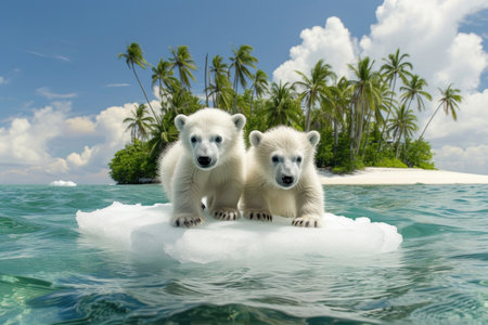 Polar bear cubs on a drifting ice floe in tropical watersの素材
