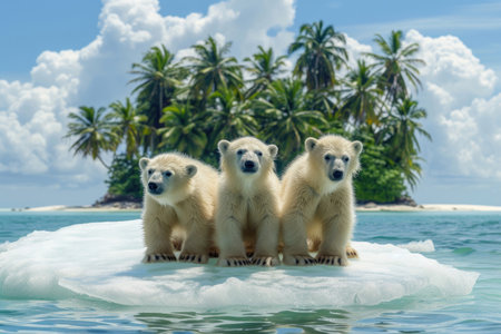 Polar bear cubs on a drifting ice floe in tropical watersの素材