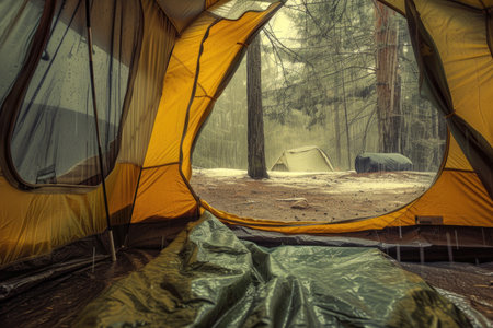 Seeking refuge and warmth inside a tent during inclement weatherの素材