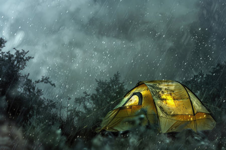 Seeking refuge and warmth inside a tent during inclement weatherの素材