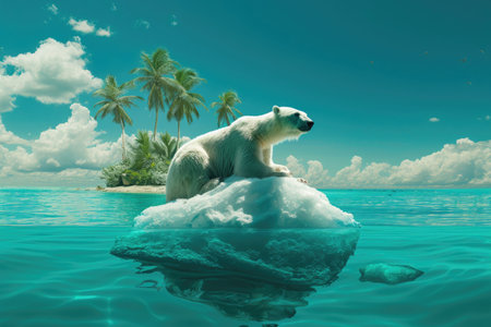 Global climate crisis. Startled polar bear on drifting ice in a tropical sea, out of placeの素材