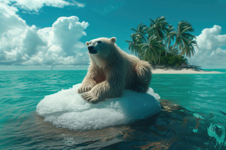 Global climate crisis. Startled polar bear on drifting ice in a tropical sea, out of placeの素材