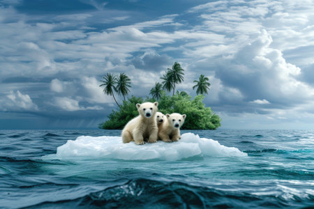 Polar bear cubs stranded on a melting ice floe amidst a tropical oceanの素材