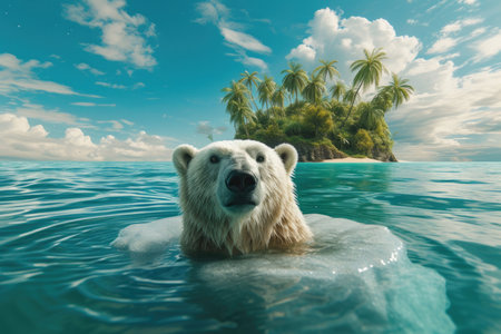 Global climate crisis. Startled polar bear on drifting ice in a tropical sea, out of placeの素材