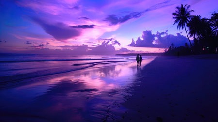 As dusk falls, the beach becomes a canvas of purple and blue serenityの素材
