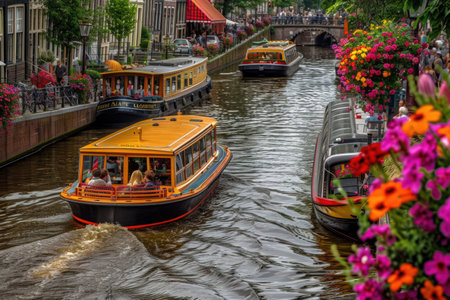 The lively bustle of Amsterdam's canals, vibrant and full of lifeの素材