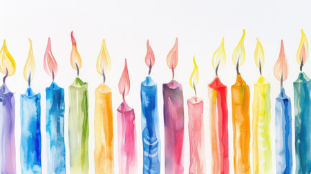 Vivid watercolor birthday candles lined up on a white canvasの素材