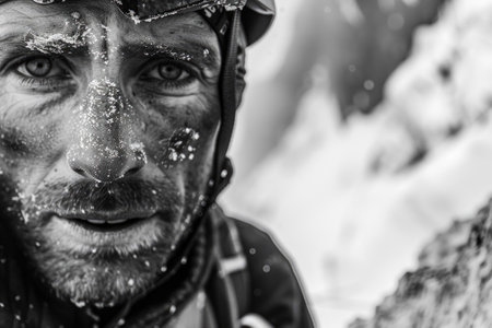 Close-up faces of mountaineers against rocky backdropの素材