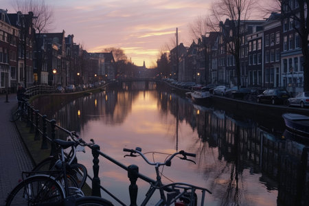 Tranquil Amsterdam canals at dawn, reflecting the city's charmの素材
