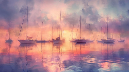 A ballet of boats drift as the sun dips below the horizonの素材