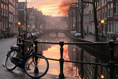 Tranquil Amsterdam canals at dawn, reflecting the city's charmの素材