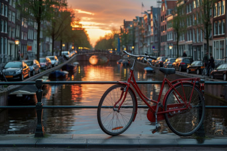 Tranquil Amsterdam canals at dawn, reflecting the city's charmの素材