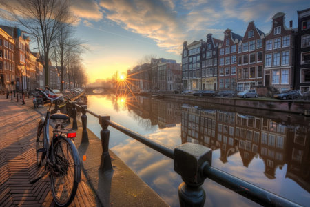 Tranquil Amsterdam canals at dawn, reflecting the city's charmの素材