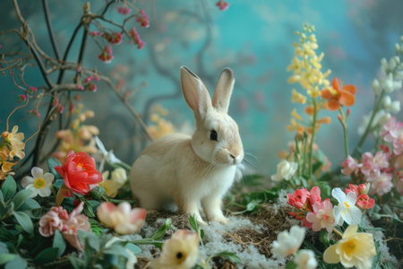The Easter bunny amidst blossoming flowers and springtime magicの素材